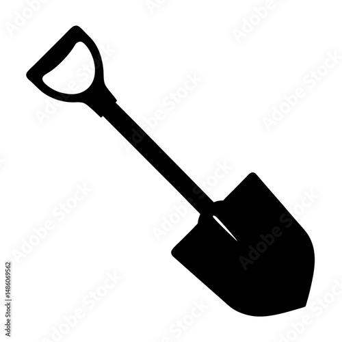A minimalist silhouette of a shovel with a Dgrip handle design
