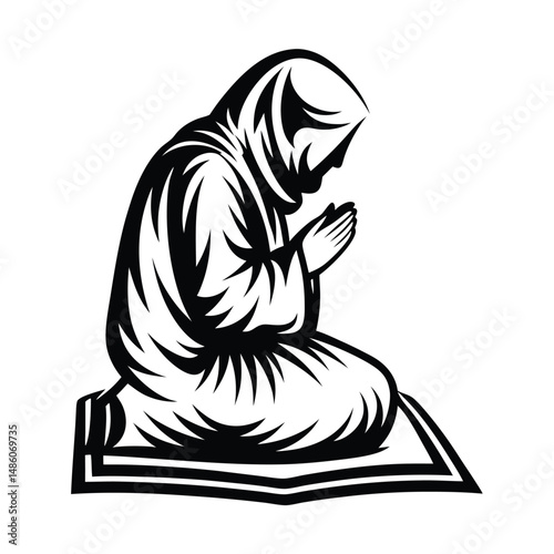 Silhouette of Asian Woman Kneeling with Head Covered and Hands Clasped in Prayer