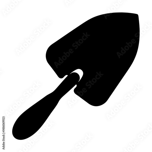 A black silhouette of a garden trowel on a white background image
