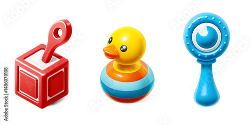 Colorful baby toys including a rattle duck and cube on a black background
