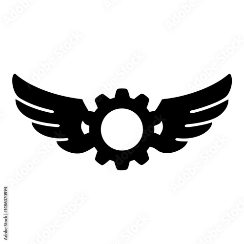 Winged Gear Icon Symbolizing Mechanical Flight and Technological Advancement, Black Silhouette