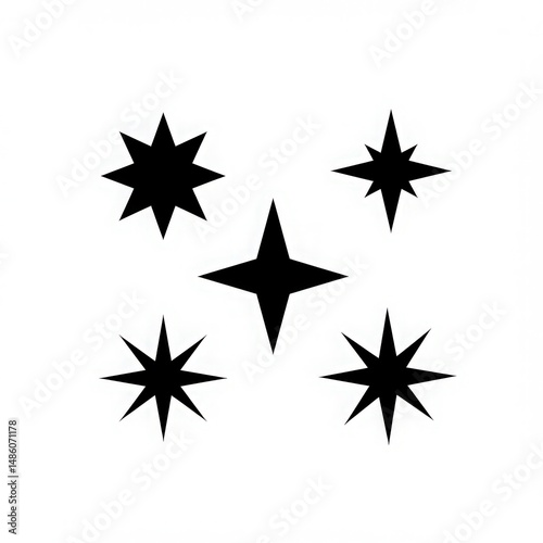 Minimal black star icons in vector style with various pointed shapes on white background
