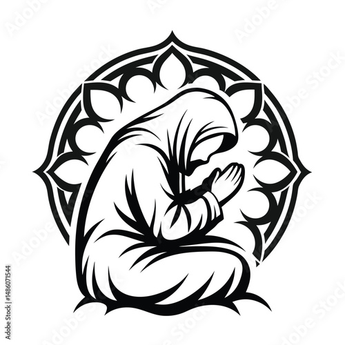 Islamic Woman Silhouette Praying with Mandala Background, Black and White