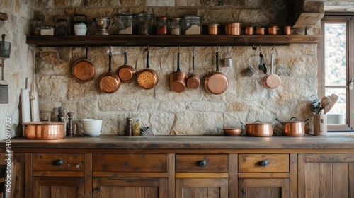 Rustic kitchen with copper pots and wooden cabinets