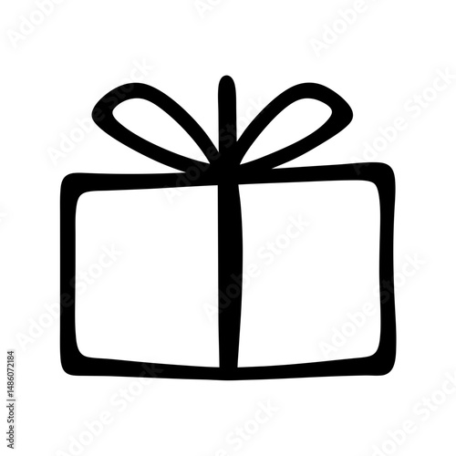 Simple minimalistic black outline gift box with ribbon isolated on white background