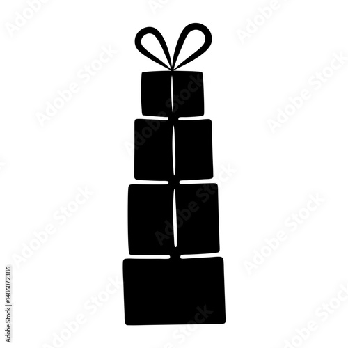 A tall stack of wrapped gifts in a monochrome black design