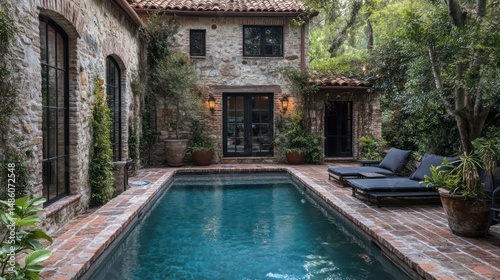 Rustic stone house courtyard pool
