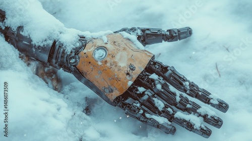 Rusty mechanical hand in snow