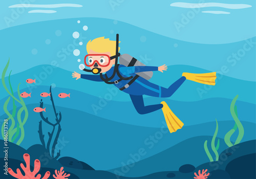 Cartoon illustration of a man scuba diving in a clear underwater world with coral, seaweed, rocks, bubbles, and small red fish. Ocean adventure