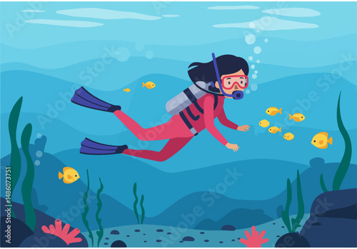 Cartoon illustration of a woman scuba diving in a vibrant underwater scene with coral, seaweed, rocks, bubbles, and small yellow fish. Underwater exploration