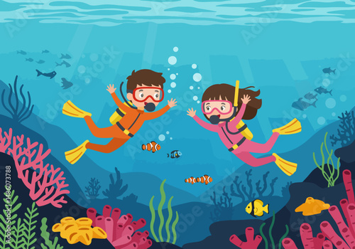 Cartoon illustration of two happy children scuba diving together, exploring a vibrant underwater world with colorful coral reefs and tropical fish. Kids diving