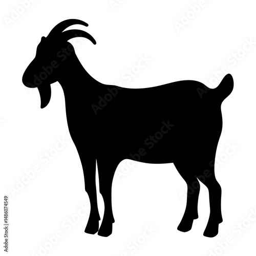 Black Silhouette of a Goat Standing on White Background in Full Profile