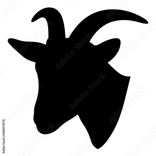 Black silhouette of a goat head with horns on a white background