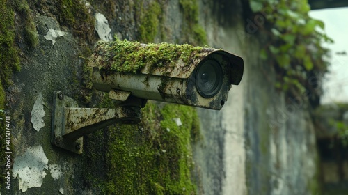 Rusty security camera on mossy wall (1)