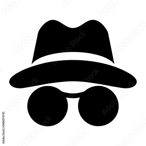 Silhouette of a person wearing a fedora and large round sunglasses icon