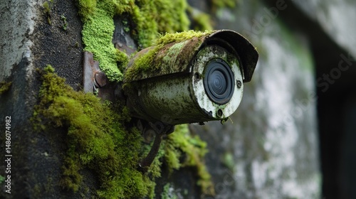 Rusty security camera on mossy wall