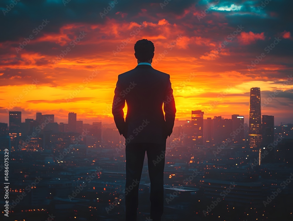 Fototapeta premium A silhouetted businessman stands against a vibrant city skyline at sunset