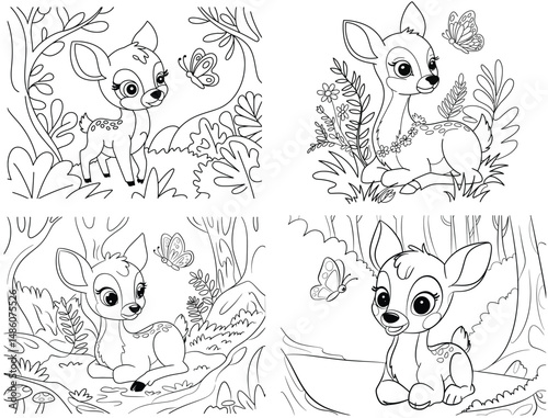 Cute Cartoon Deer Fawn Coloring Book Pages with Butterfly in Forest, Black and White Line Art for Kids