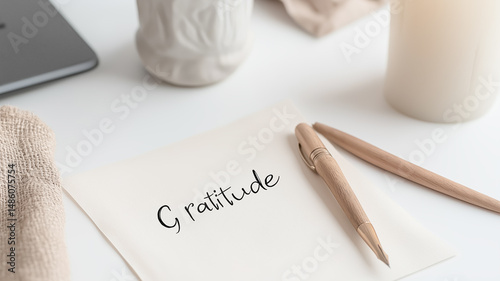 Sticker with the inscription Gratitude lies on a white sheet of paper on an office desk, next to an expensive pen. Concept of gratitude, corporate culture, awareness and employee value.