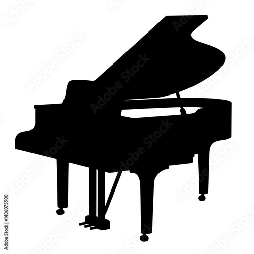Grand Piano Silhouette with Lid Open, Musical Instrument in Black
