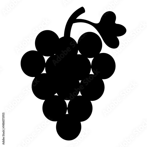 Silhouette of a cluster of grapes hanging from a stem and leaves