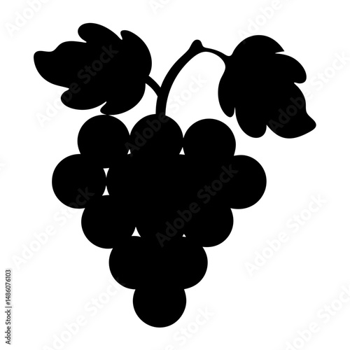 Stylized black and white grape cluster with leaves on white background