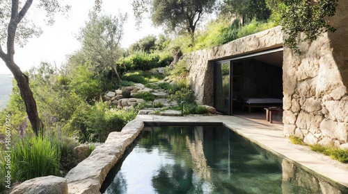 Secluded stone pool nestled in hillside gardens