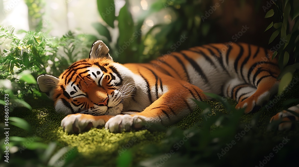 Obraz premium A cozy tiger lounging on a cushion with gentle shadows