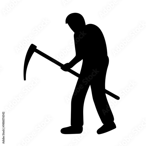 Silhouette of a farmer with scythe bending over to harvest the crop