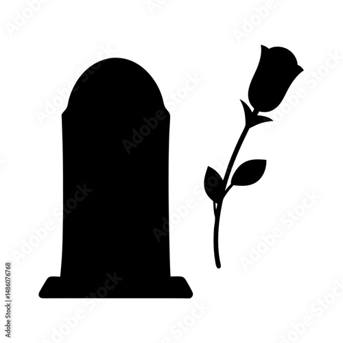 Simple black silhouette of a tombstone and a single rose flower