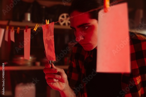 Concentration in a Red lit Darkroom Photography Workshop