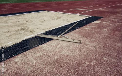 Sand landing field for athletics. Long jump. Traditional athletics discipline. Long jump, triple jump, Technical power athletics discipline. Athletics outdoor stadium.
