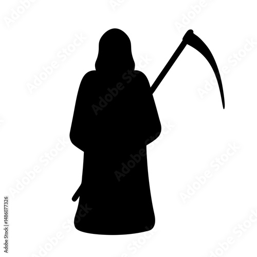 Silhouette of the grim reaper holding a scythe standing against white background