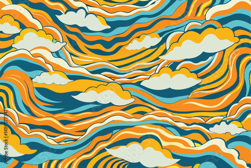 Abstract cloudscape with wavy swirls in retro style suitable for design projects