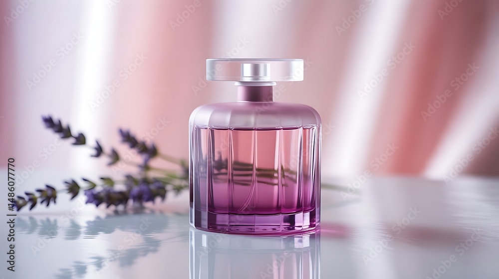 Elegant Perfume Bottle with Pink Gradient Liquid and Lavender on Soft Pink Background