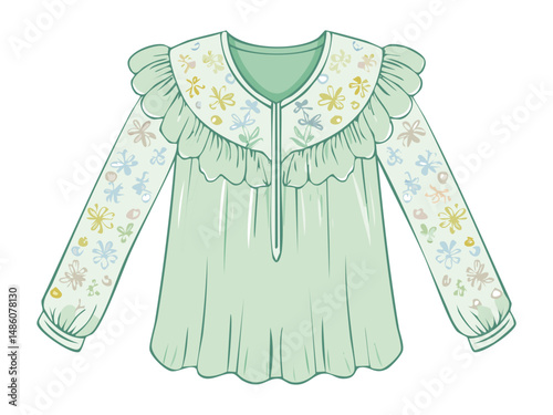 Mint Green Tunic with Floral Sleeve Detail - Vector Illustration