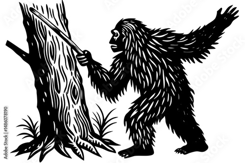 Bigfoot knocking silhouette design with transparency for cryptid and myth themes, bigfoot, sasquatch, knocking, tree, silhouette, cryptid, monster, mythical creature, mystery, forest, folklore, legend