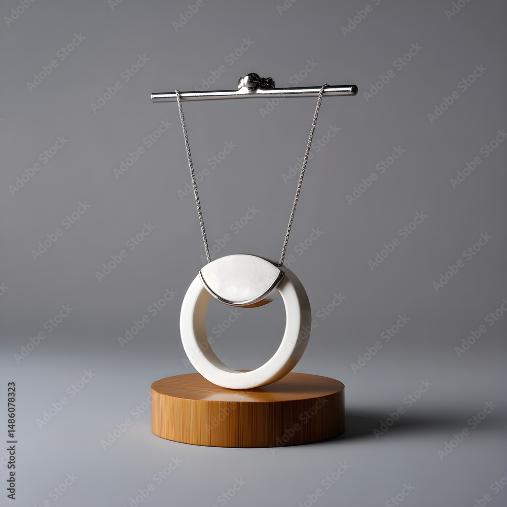 Fototapeta premium Minimalist necklace on display stand, white BG