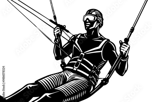 Black silhouette design of a kitesurfer with control bar close up, kitesurfer, kitesurfing, water sport, extreme sport, silhouette, vector, design, black, front angle, control bar, kiteboarding, kite