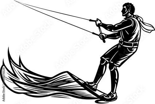 Kitesurfer silhouette design hand dragging on water side profile view, kitesurfer, kiteboarding, water sport, silhouette, side profile, vector, surfing, hand drag, extreme sport, action, recreation