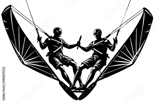 Silhouette design featuring two kitesurfing riders in parallel movement on white, kitesurfing, duo, riders, silhouette, parallel, sport, extreme sports, water, surfing, kite, wind, recreation, action