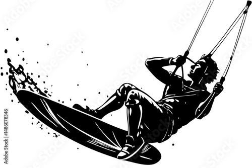 Kitesurfer silhouette design fall crash board up body down mid fall, kitesurfing, kitesurfer, crash, fail, extreme sports, silhouette, vector, design, board, water sports, sport, fall, sea, ocean, dan