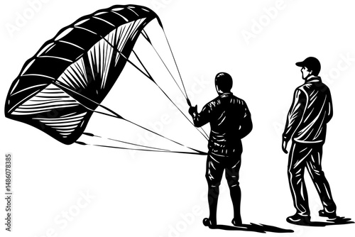 Kitesurfer silhouette design with trainer kite beginner setup on white background, kitesurfer, kiteboarder, silhouette, vector, trainer kite, beginner, setup, small, learning, water sport, extreme spo