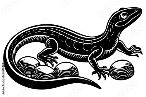 Stylized white lizard on eggs with transparency for design projects, lizard, reptile, eggs, stylized, vector, illustration, animal, white, transparent, isolated, design element, graphic, wildlife, nat
