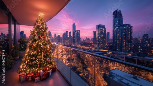 Christmas tree on a balcony overlooking a city skyline at sunset