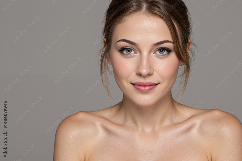 Young woman smiling with natural makeup against a neutral backdrop Young woman smiling with natural makeup against a neutral backdrop