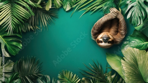 Sloth framed by tropical leaves