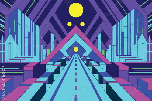Abstract futuristic geometric composition with neon color scheme and architectural elements