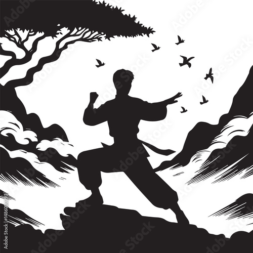kungfu silhouette, editable vector image