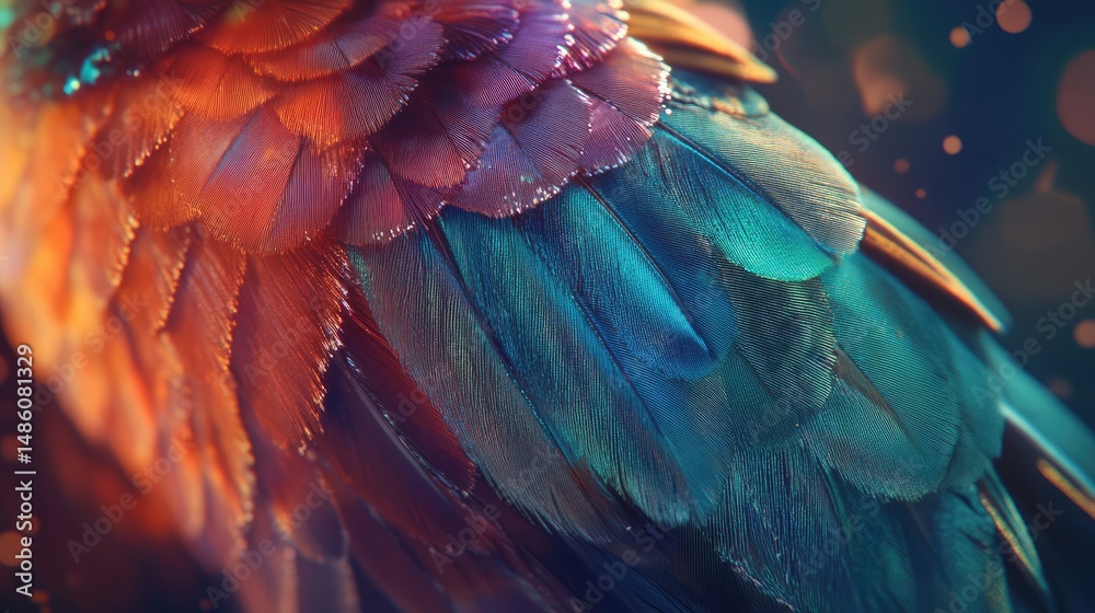 Obraz premium Close-up vibrant bird feathers, orange, teal, purple hues.